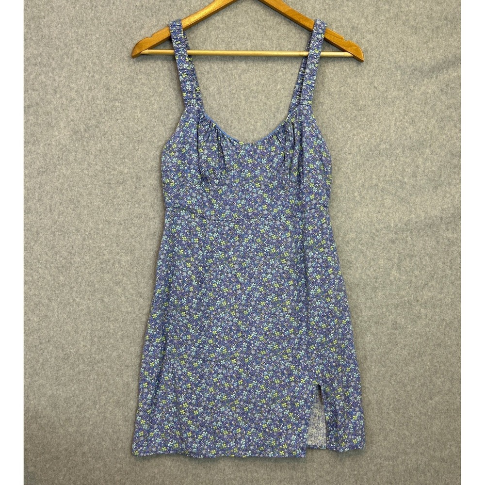 Aeropostale Sz M Mini Dress Blue Floral Linen Blend Sweetheart Neck Cottagecore